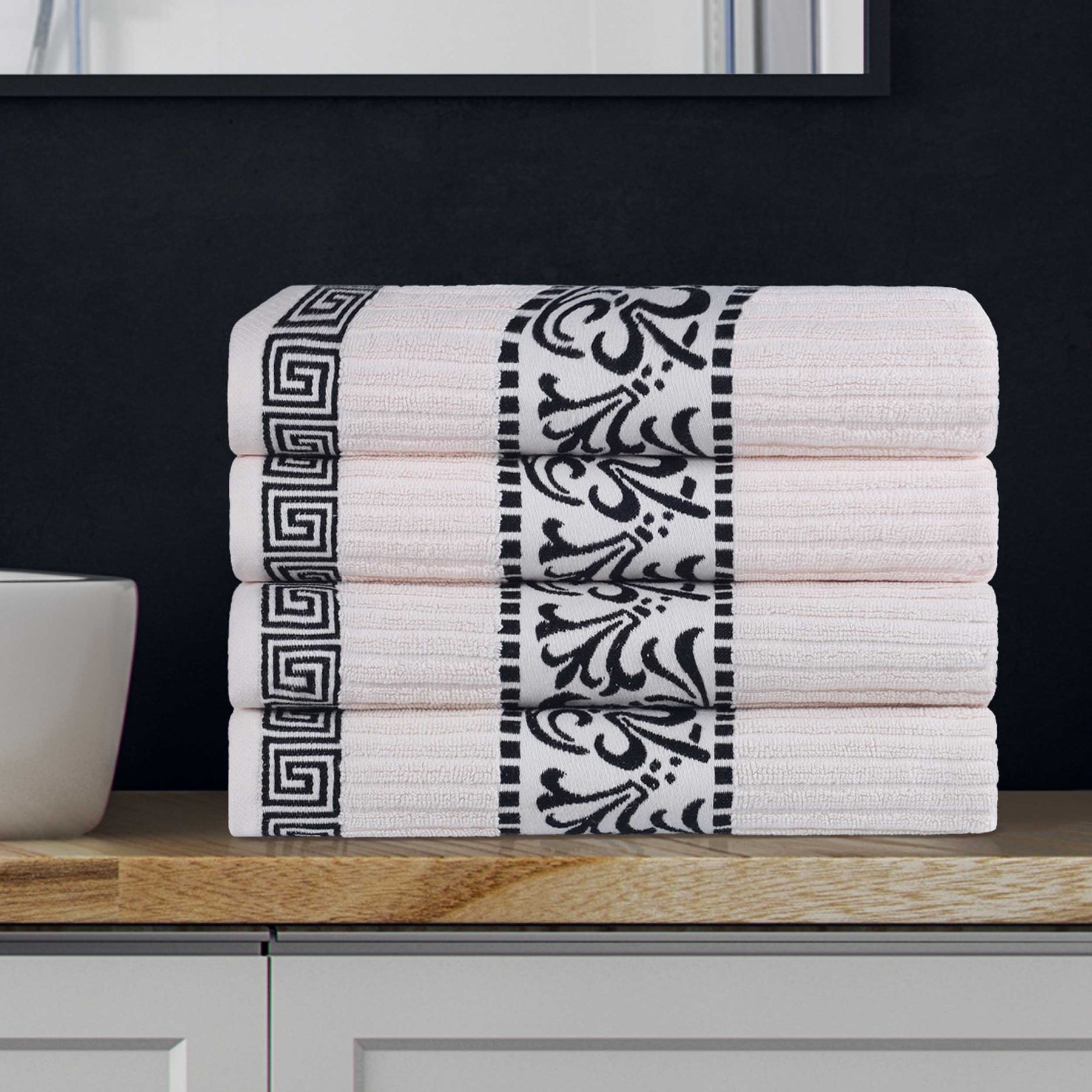 Superior Athens Cotton 4-Piece Bath Towel Set with Greek Scroll and Floral Pattern - Black