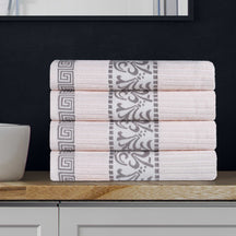 Superior Athens Cotton 4-Piece Bath Towel Set with Greek Scroll and Floral Pattern - Ivory-Chrome