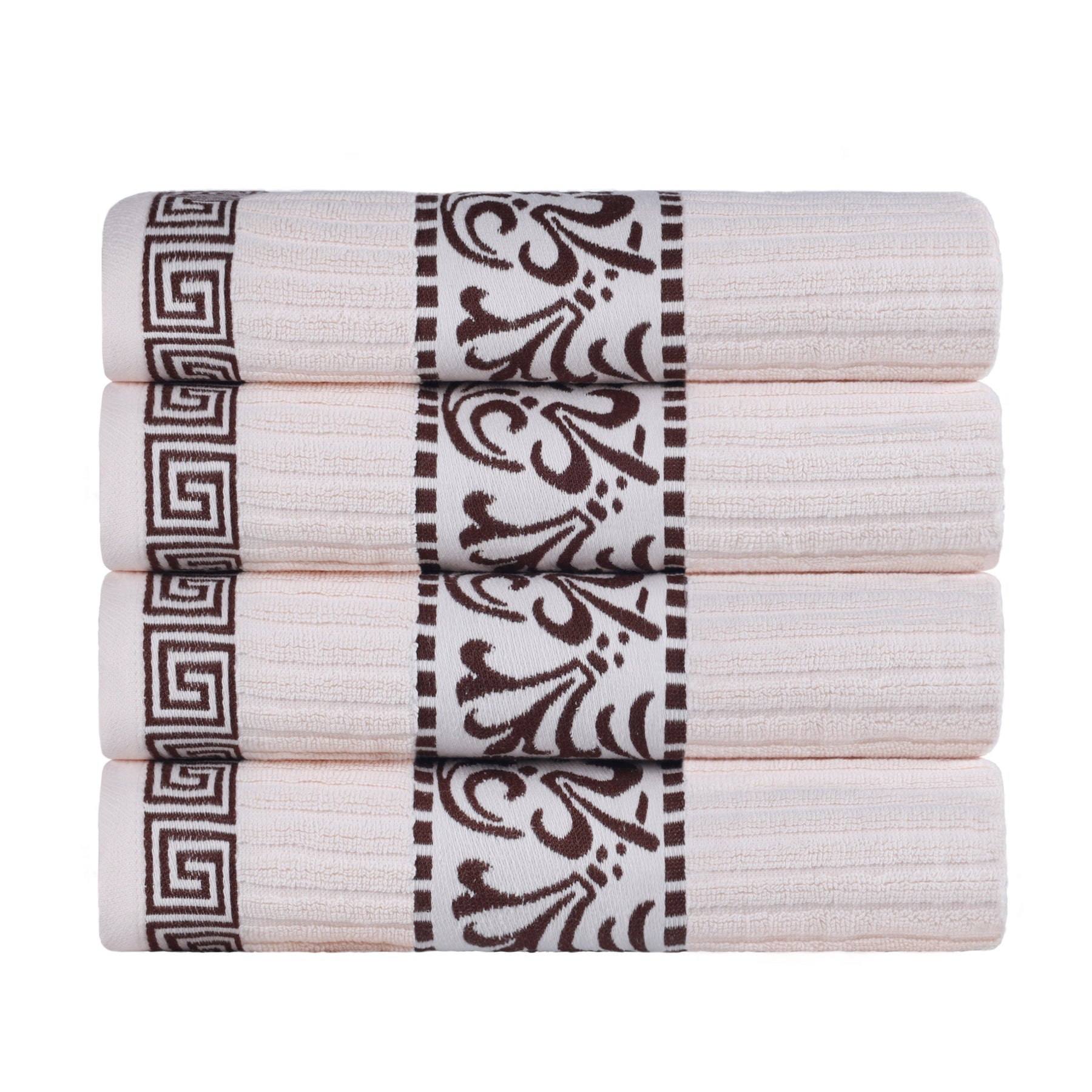 Superior Athens Cotton 4-Piece Bath Towel Set with Greek Scroll and Floral Pattern - Ivory-Chocolate