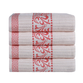 Superior Athens Cotton 4-Piece Bath Towel Set with Greek Scroll and Floral Pattern - Ivory-Coral