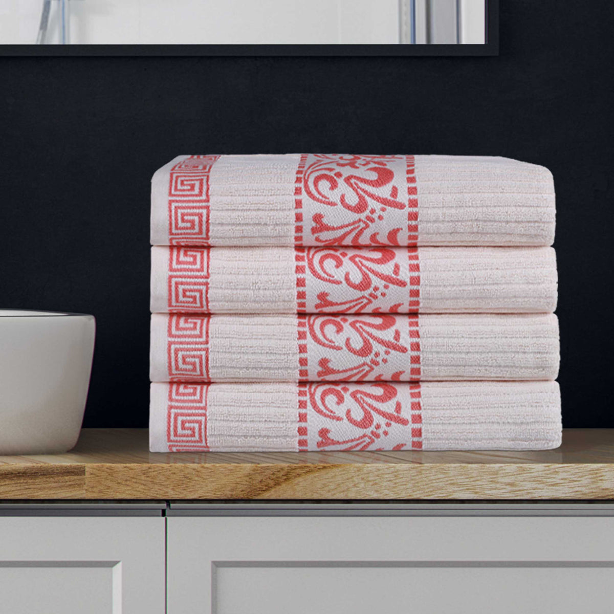 Superior Athens Cotton 4-Piece Bath Towel Set with Greek Scroll and Floral Pattern - Ivory-Coral