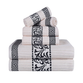 Superior Athens Cotton 6-Piece Assorted Towel Set with Greek Scroll and Floral Pattern - Ivory-Black