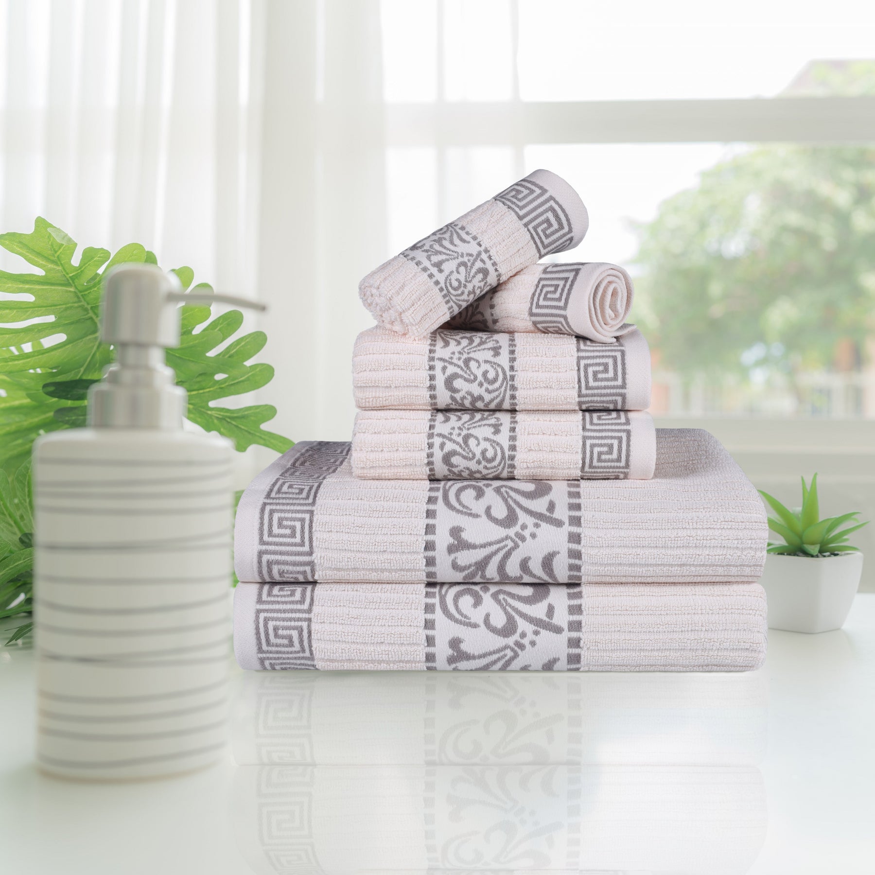 Superior Athens Cotton 6-Piece Assorted Towel Set with Greek Scroll and Floral Pattern - Ivory-Chrome