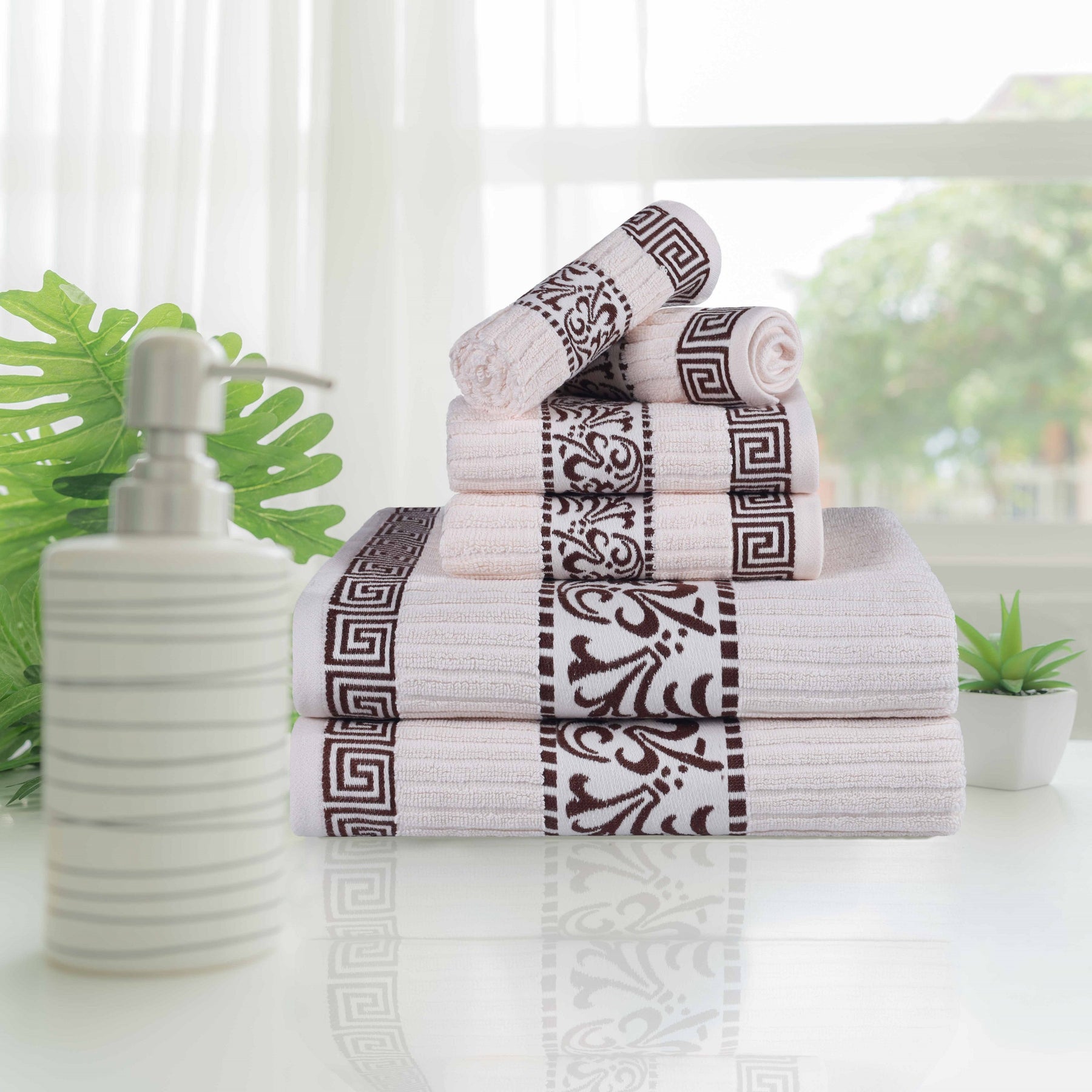 Superior Athens Cotton 6-Piece Assorted Towel Set with Greek Scroll and Floral Pattern - Ivory-Chocolate
