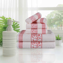 Superior Athens Cotton 6-Piece Assorted Towel Set with Greek Scroll and Floral Pattern - Ivory-Coral