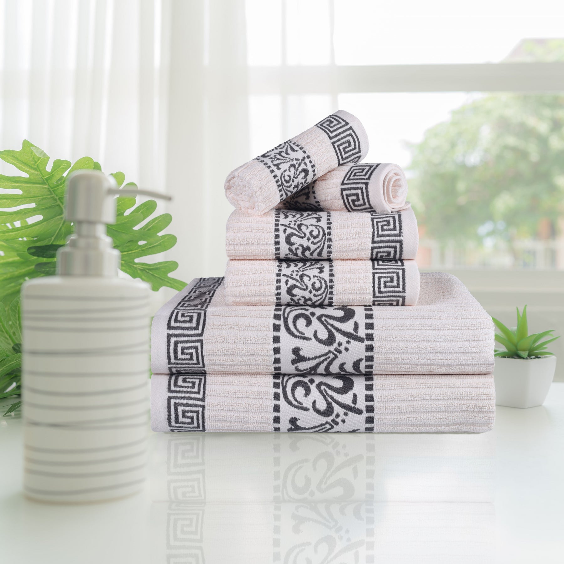 Superior Athens Cotton 6-Piece Assorted Towel Set with Greek Scroll and Floral Pattern - Ivory-Grey