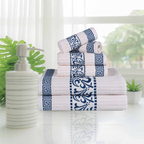 Superior Athens Cotton 6-Piece Assorted Towel Set with Greek Scroll and Floral Pattern - Ivory-Navy 