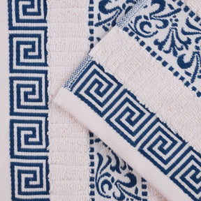 Superior Athens Cotton 6-Piece Assorted Towel Set with Greek Scroll and Floral Pattern - Ivory-Navy 