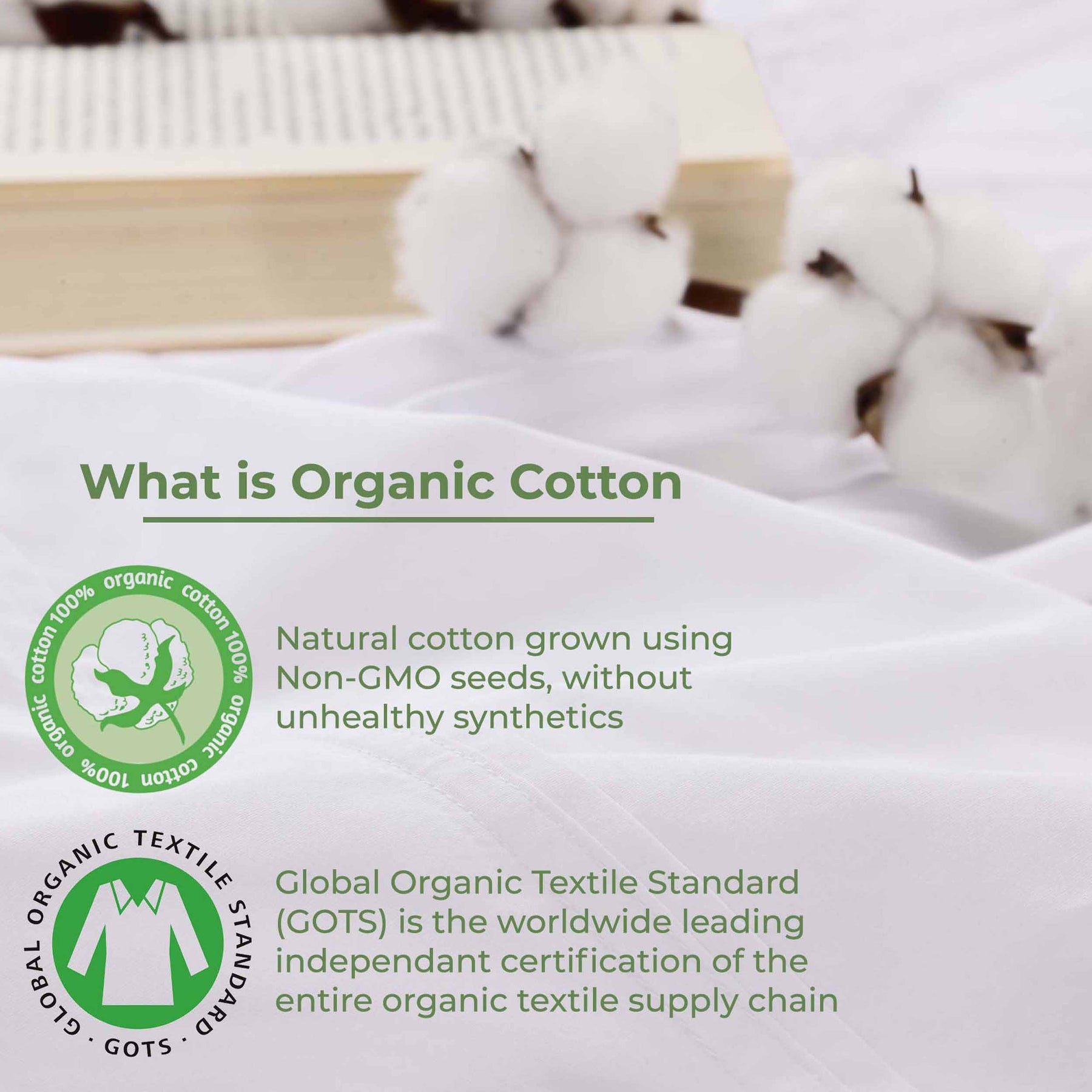 Organic Cotton 300 Thread Count Percale Deep Pocket Bed Sheet Set -White