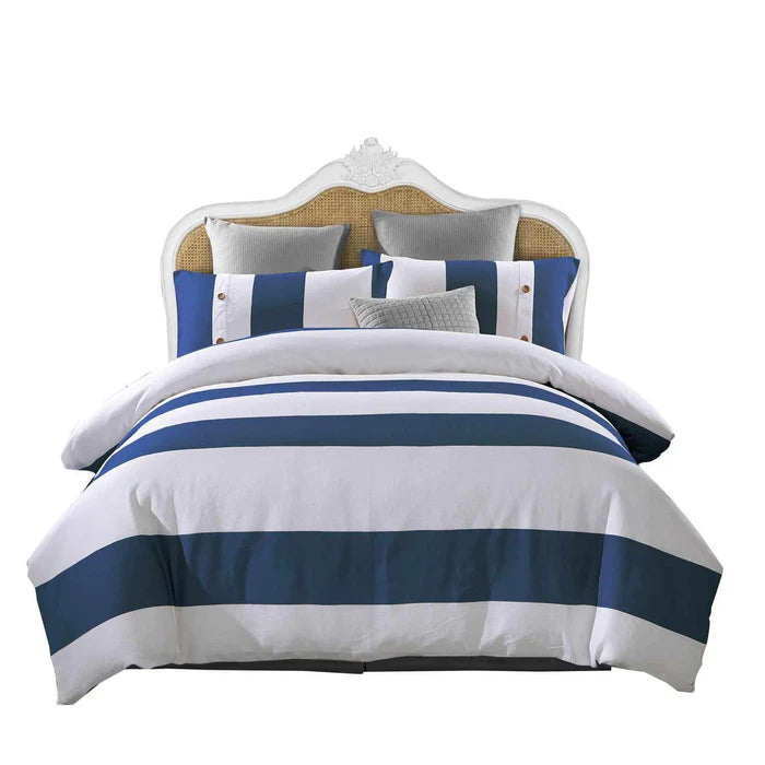 Cotton 3-Piece Nautical Stripe Duvet Cover Set - NavyBlue/White