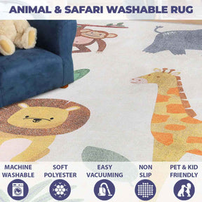 Animal Safari Playroom Non-Slip Kids Washable Indoor Area Rug - Ivory