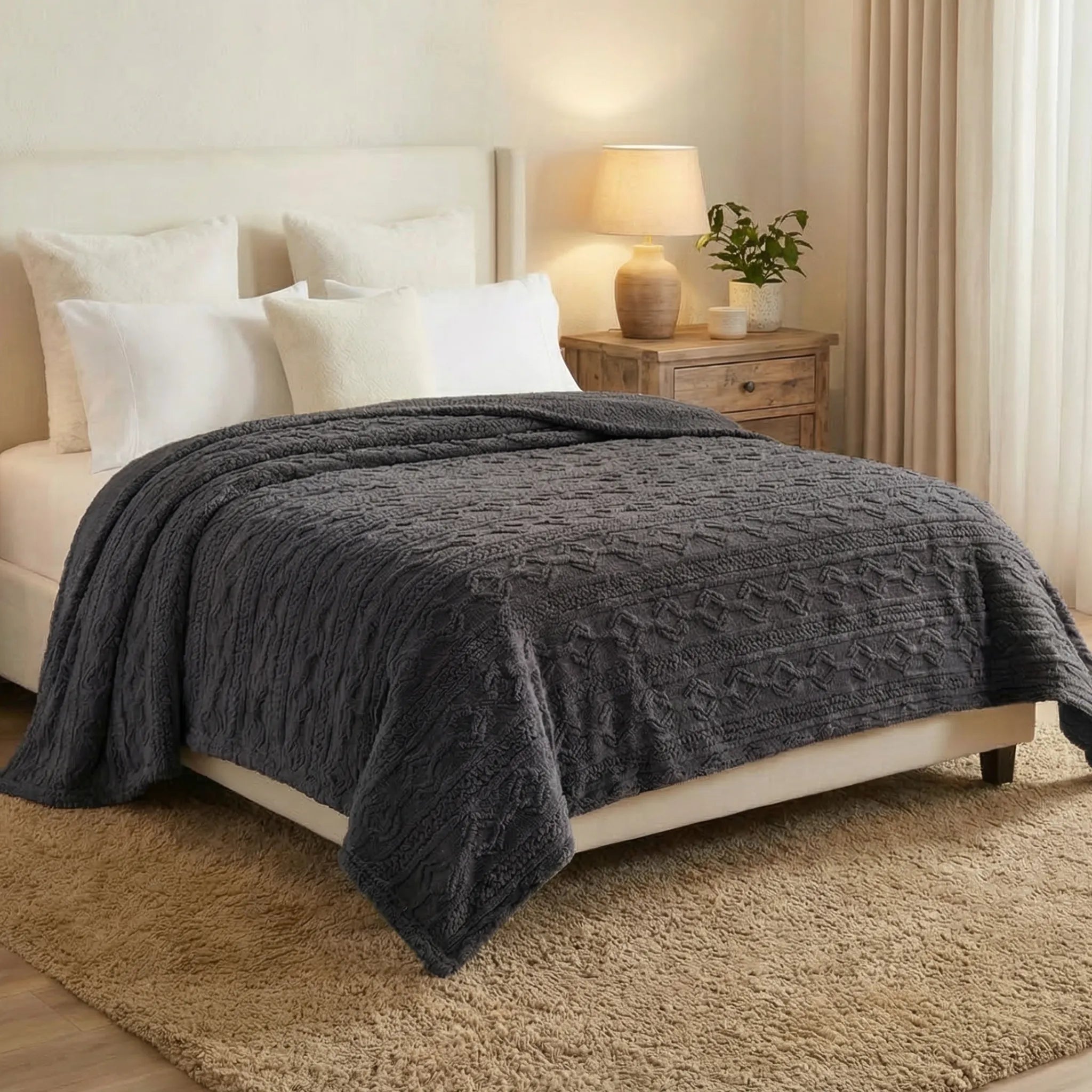 Fleece Blanket Plush Cozy Warm Arctic Boho Knit Jacquard