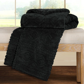 Superior Arctic Boho Knit Jacquard Fleece Plush Fluffy Blanket - Black