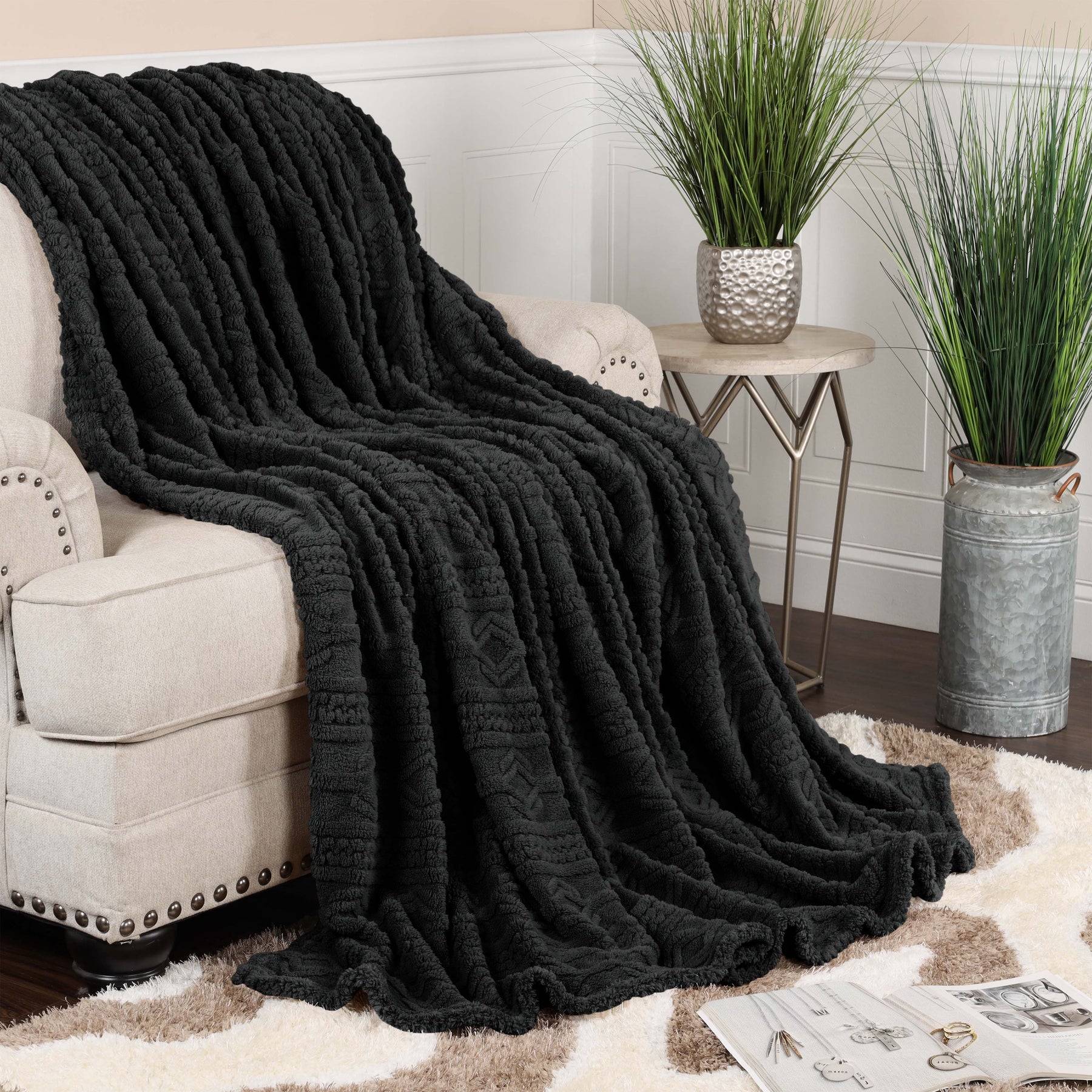 Superior Arctic Boho Knit Jacquard Fleece Plush Fluffy Blanket - Black