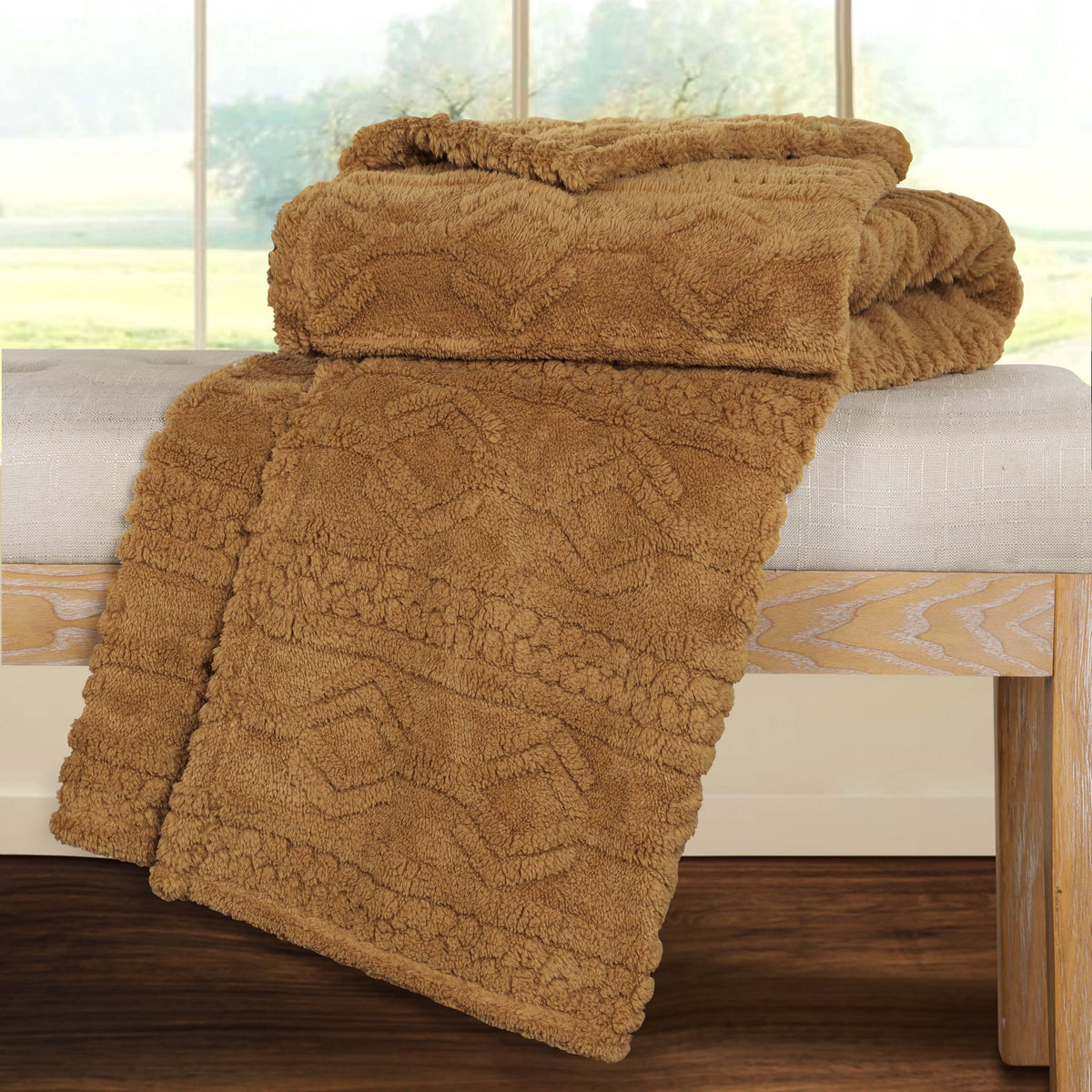 Superior Arctic Boho Knit Jacquard Fleece Plush Fluffy Blanket - Camel