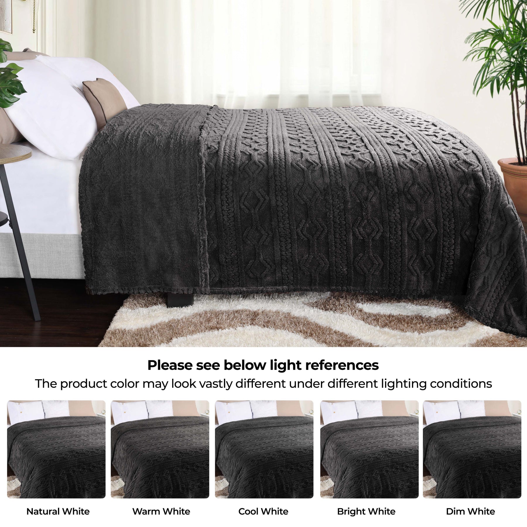 Superior Arctic Boho Knit Jacquard Fleece Plush Fluffy Blanket - Charcoal