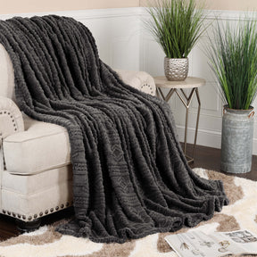Superior Arctic Boho Knit Jacquard Fleece Plush Fluffy Blanket - Charcoal