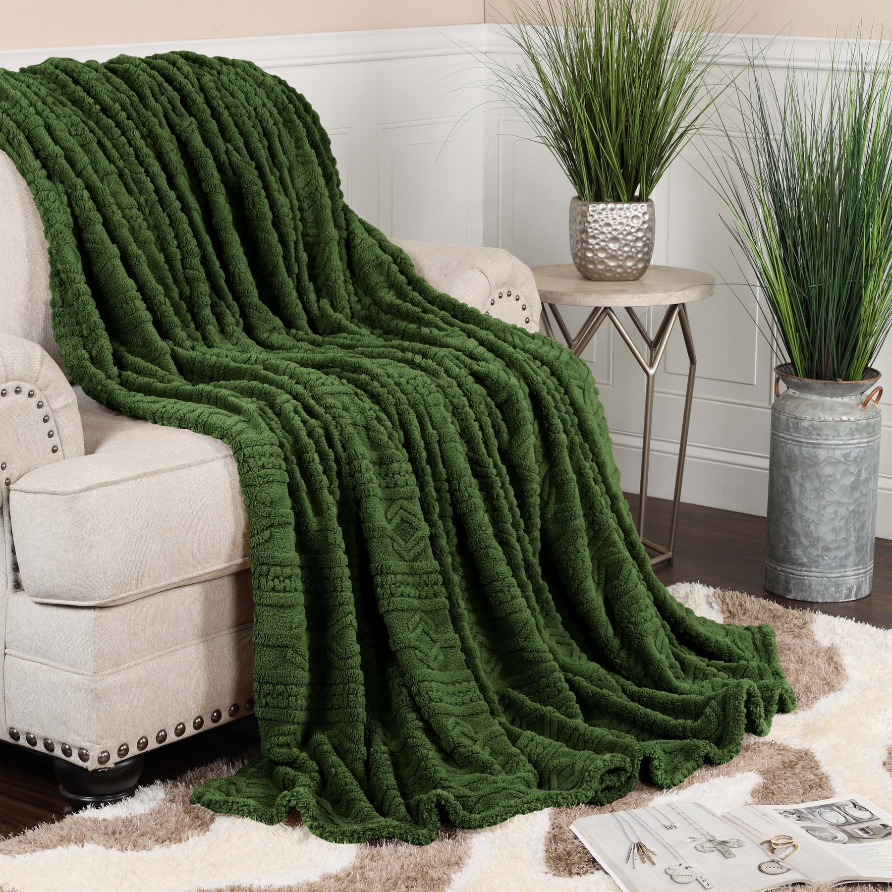 Superior Arctic Boho Knit Jacquard Fleece Plush Fluffy Blanket - Green