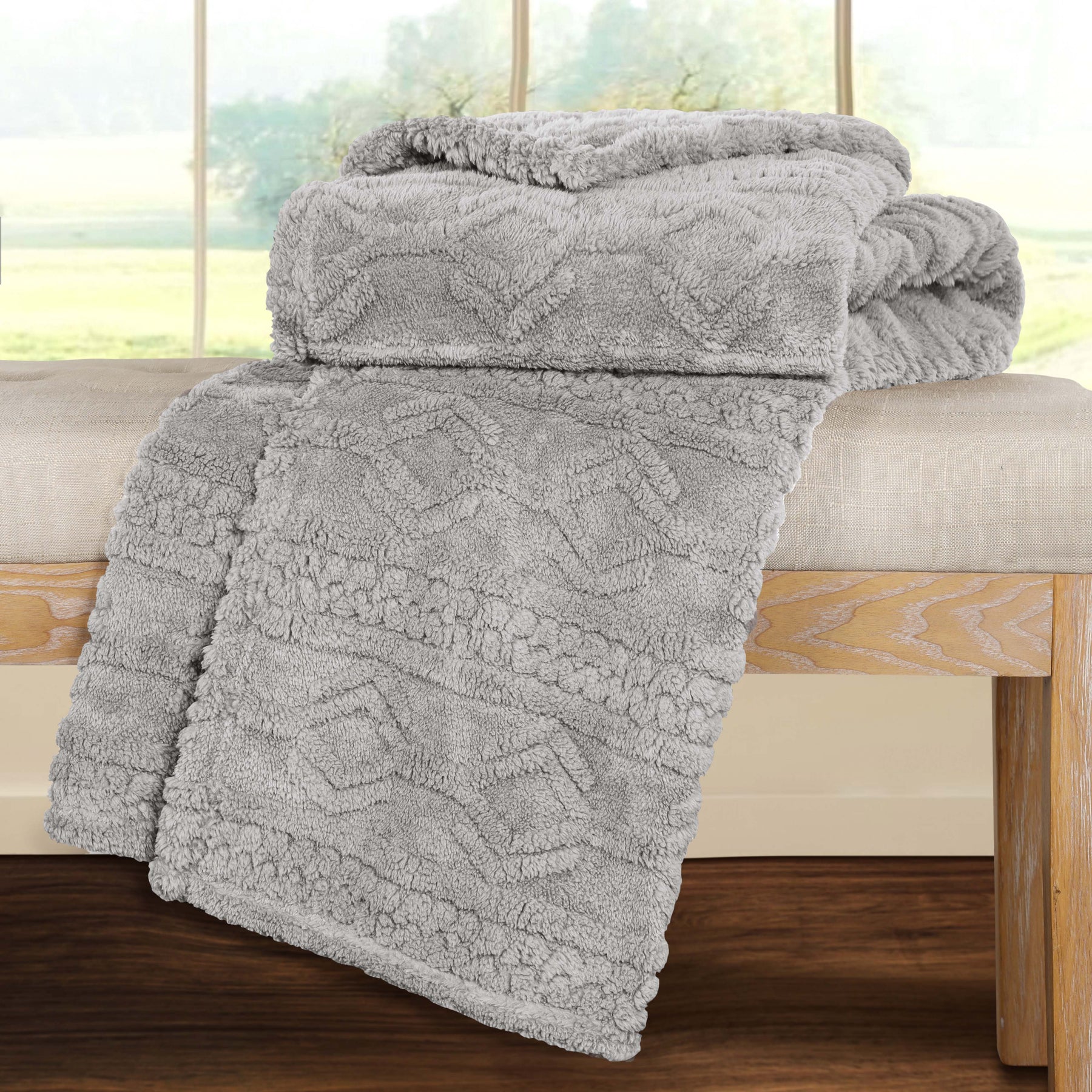 Superior Arctic Boho Knit Jacquard Fleece Plush Fluffy Blanket - Platinum