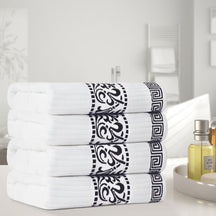Superior Athens Cotton 4-Piece Bath Towel Set with Greek Scroll and Floral Pattern - Black