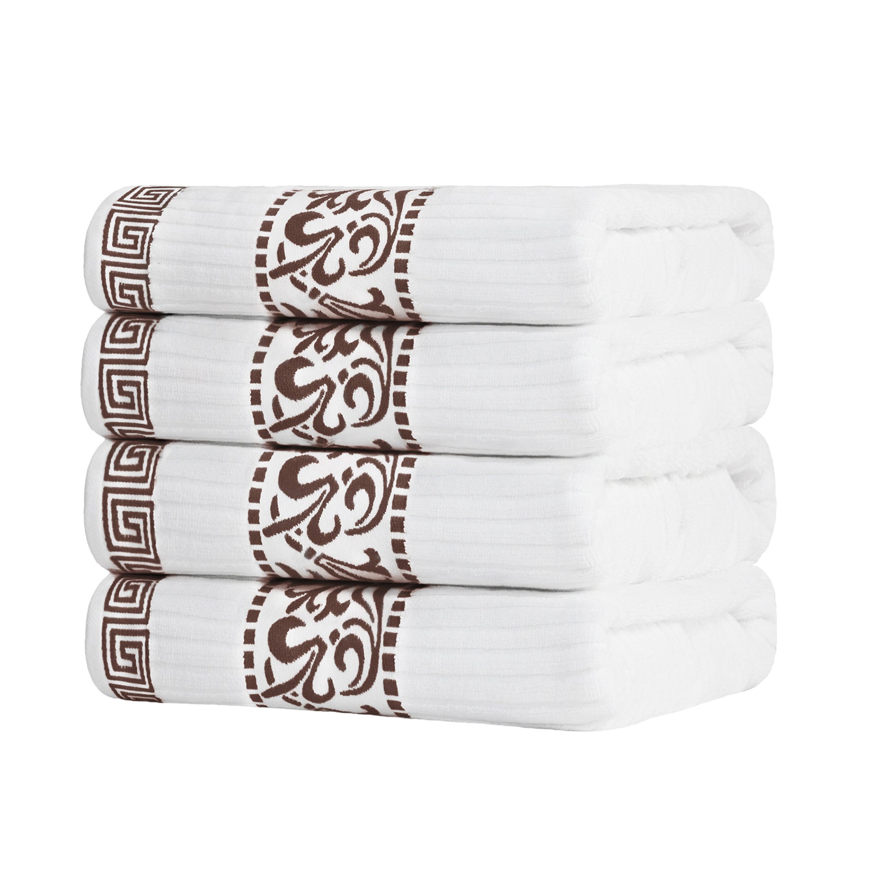 Superior Athens Cotton 4-Piece Bath Towel Set with Greek Scroll and Floral Pattern - White-Chocolate