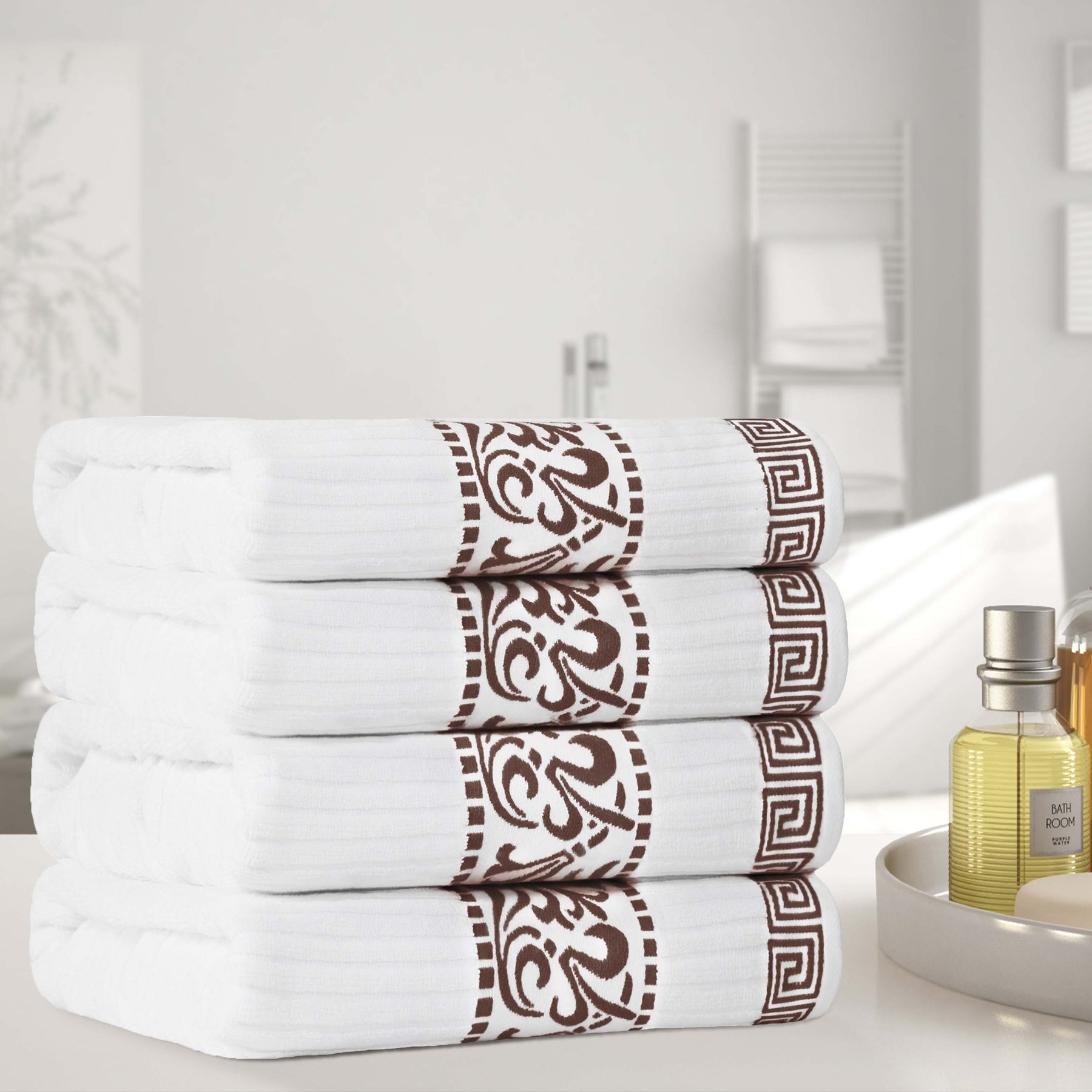 Superior Athens Cotton 4-Piece Bath Towel Set with Greek Scroll and Floral Pattern - White-Chocolate
