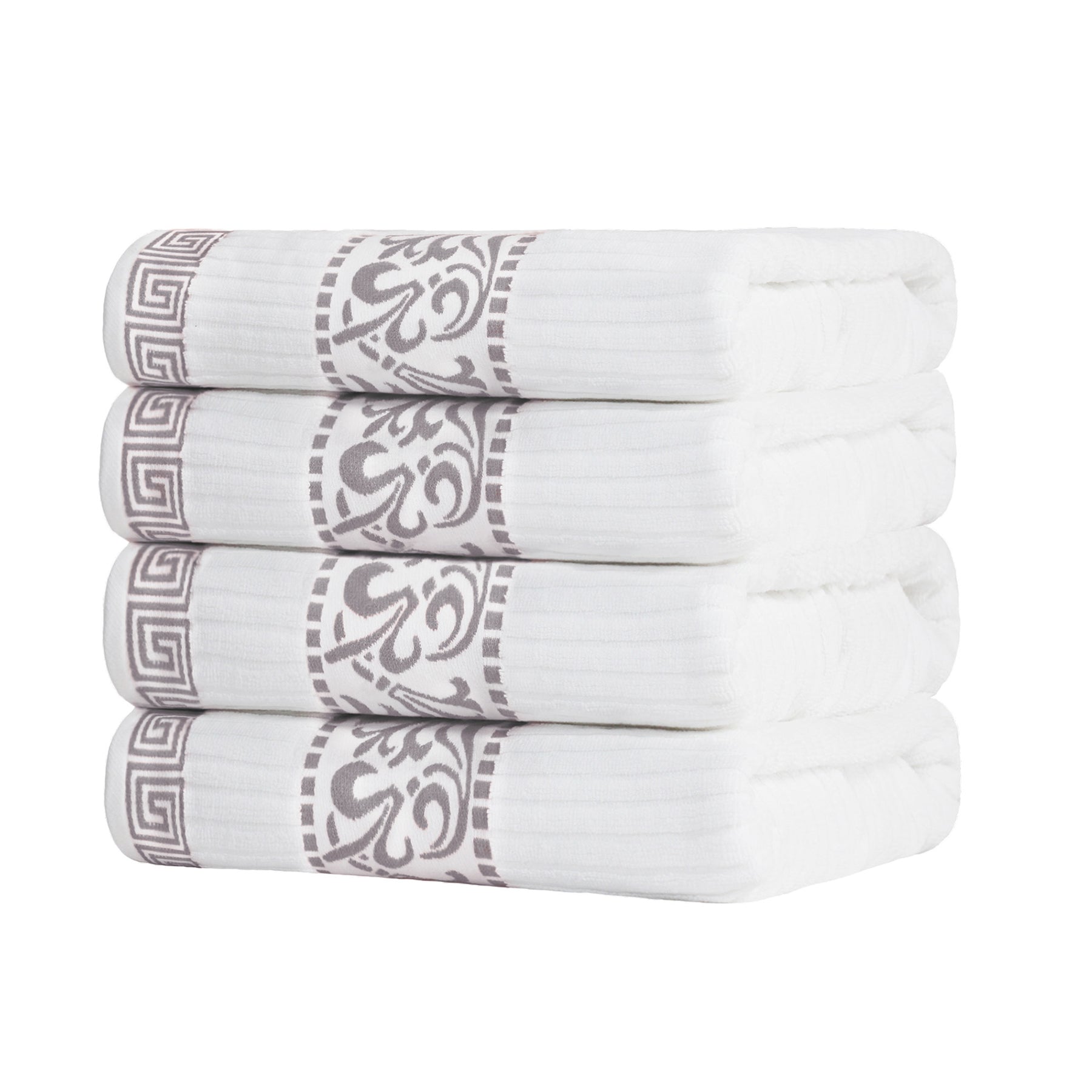 Superior Athens Cotton 4-Piece Bath Towel Set with Greek Scroll and Floral Pattern - White-Chrome