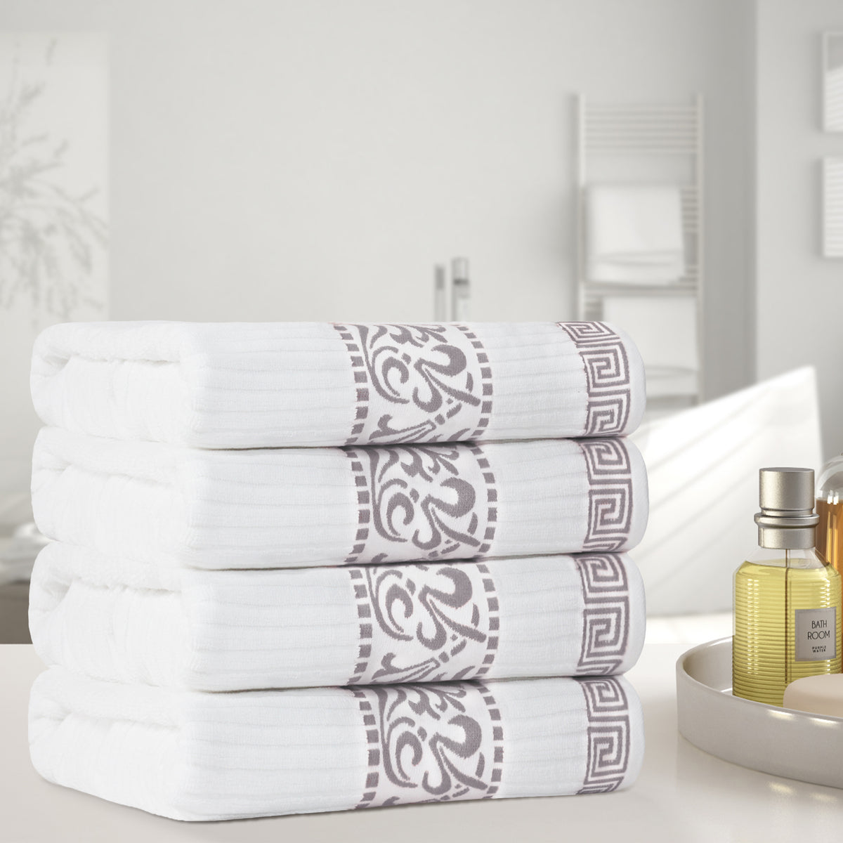 Superior Athens Cotton 4-Piece Bath Towel Set with Greek Scroll and Floral Pattern - White-Chrome
