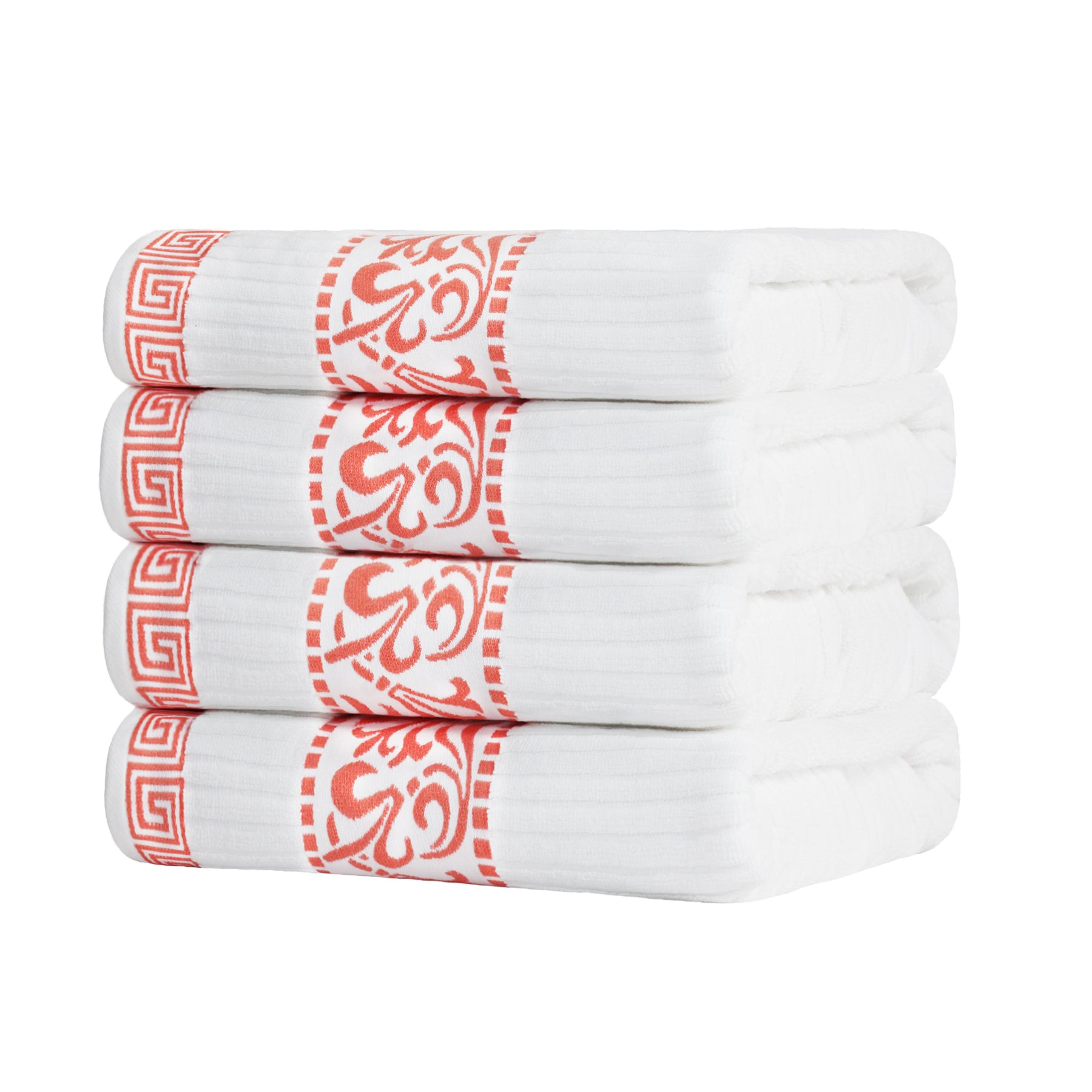 Superior Athens Cotton 4-Piece Bath Towel Set with Greek Scroll and Floral Pattern - Coral