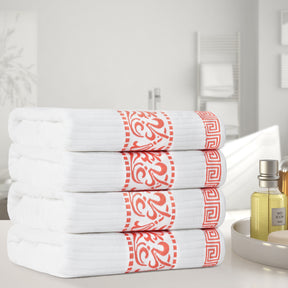 Superior Athens Cotton 4-Piece Bath Towel Set with Greek Scroll and Floral Pattern - Coral