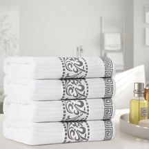 Superior Athens Cotton 4-Piece Bath Towel Set with Greek Scroll and Floral Pattern - Grey