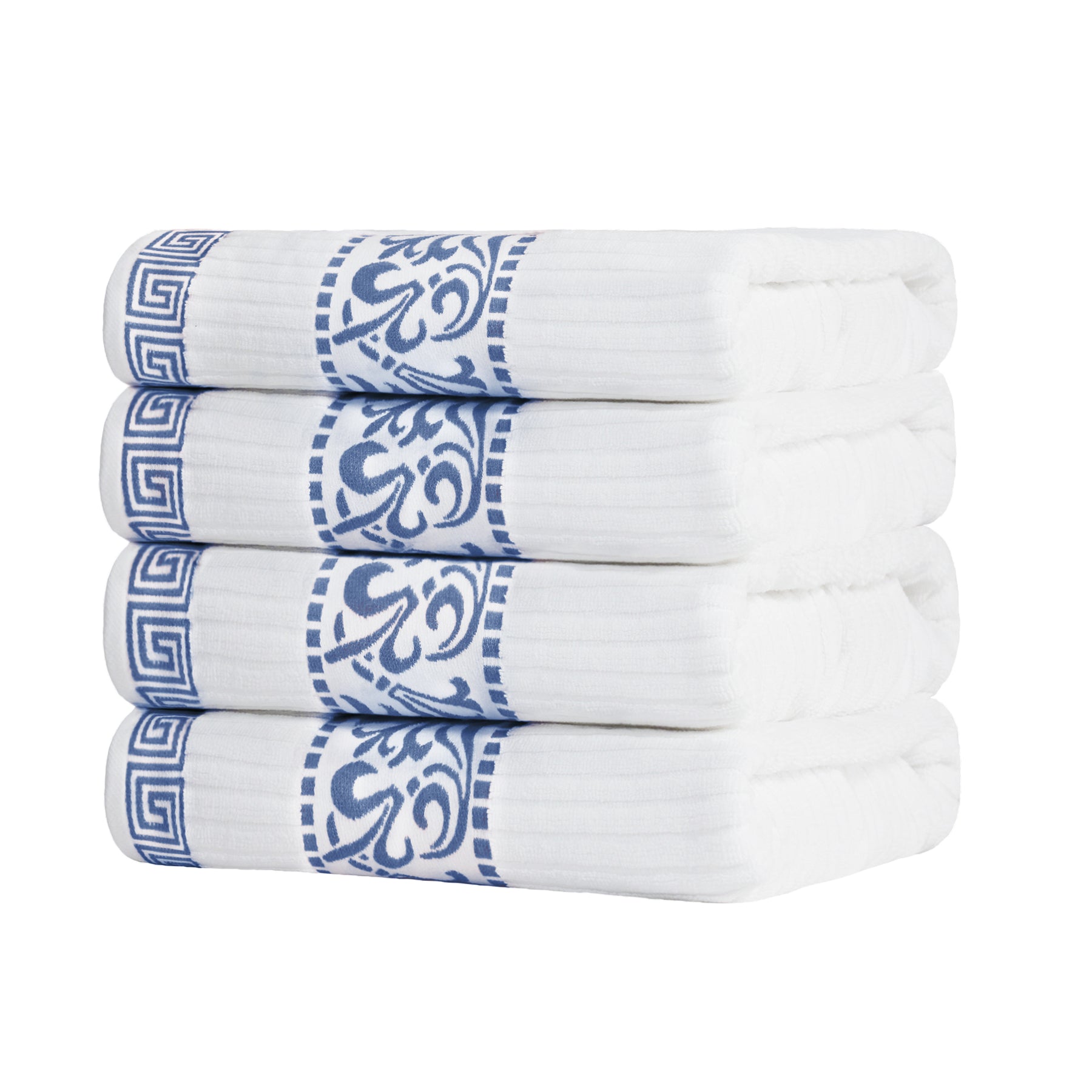 Superior Athens Cotton 4-Piece Bath Towel Set with Greek Scroll and Floral Pattern - Navy Blue