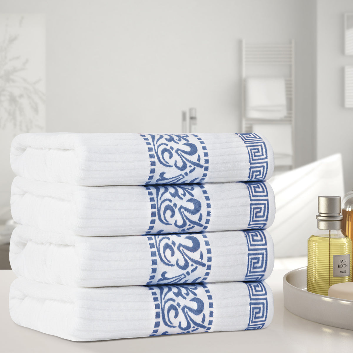 Superior Athens Cotton 4-Piece Bath Towel Set with Greek Scroll and Floral Pattern - Navy BlueSuperior Athens Cotton 4-Piece Bath Towel Set with Greek Scroll and Floral Pattern - Navy Blue
