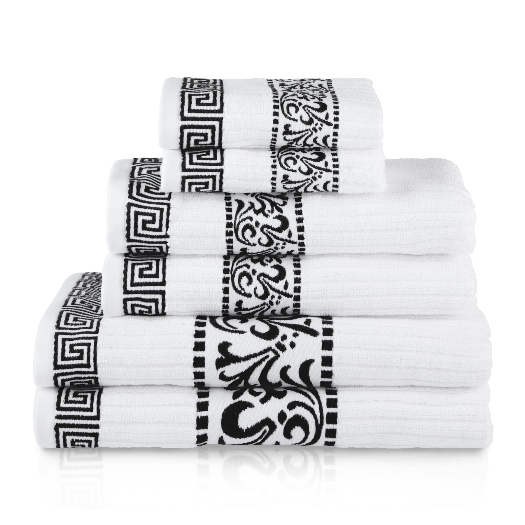 Superior Athens Cotton 6-Piece Assorted Towel Set with Greek Scroll and Floral Pattern -Black