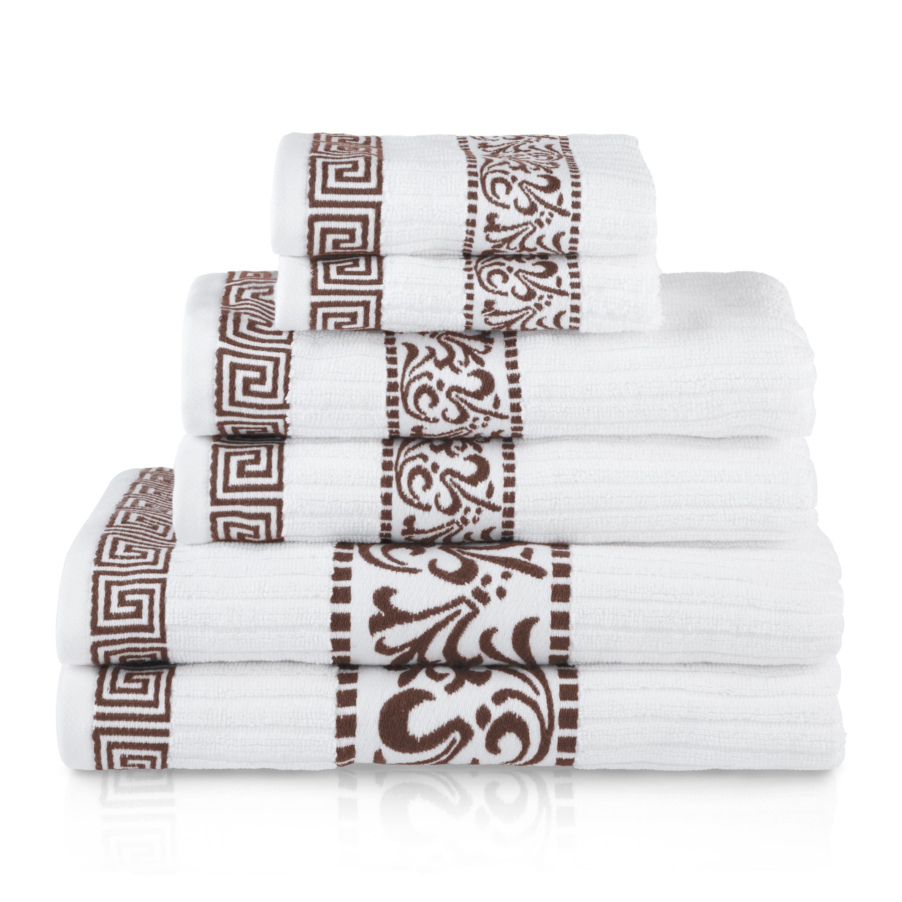 Superior Athens Cotton 6-Piece Assorted Towel Set with Greek Scroll and Floral Pattern - Chocolate