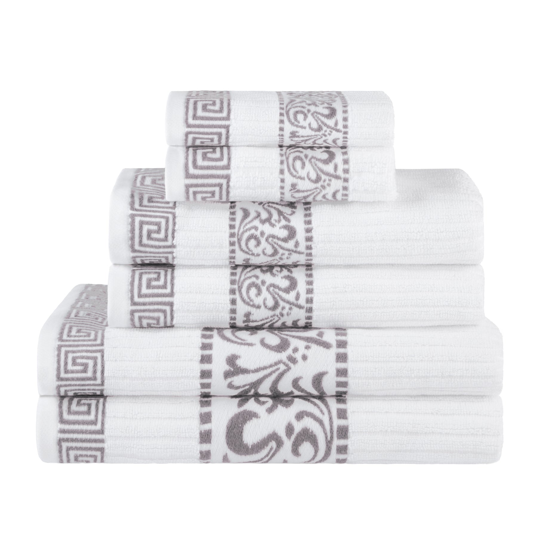 Superior Athens Cotton 6-Piece Assorted Towel Set with Greek Scroll and Floral Pattern - White-Chrome