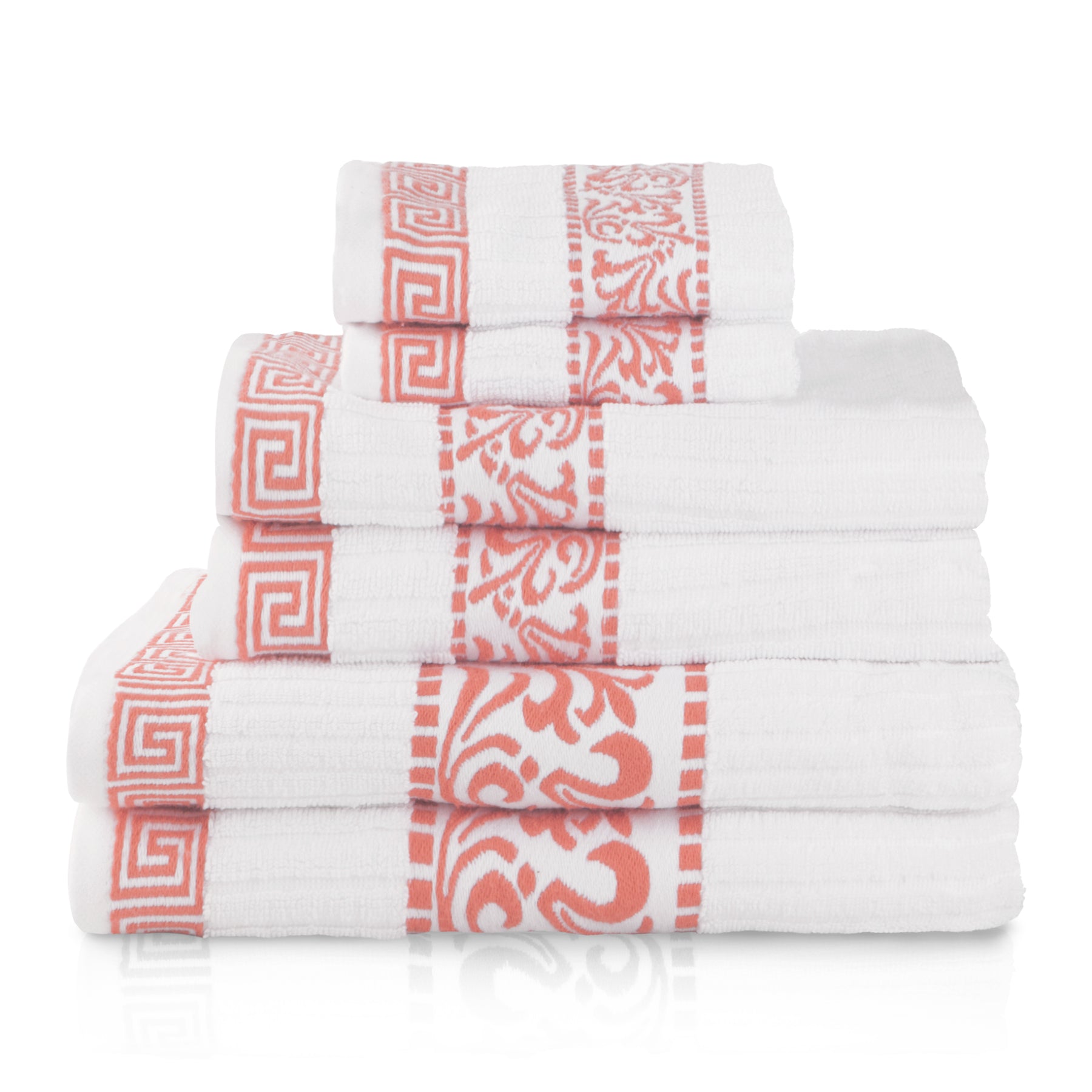 Superior Athens Cotton 6-Piece Assorted Towel Set with Greek Scroll and Floral Pattern - Coral