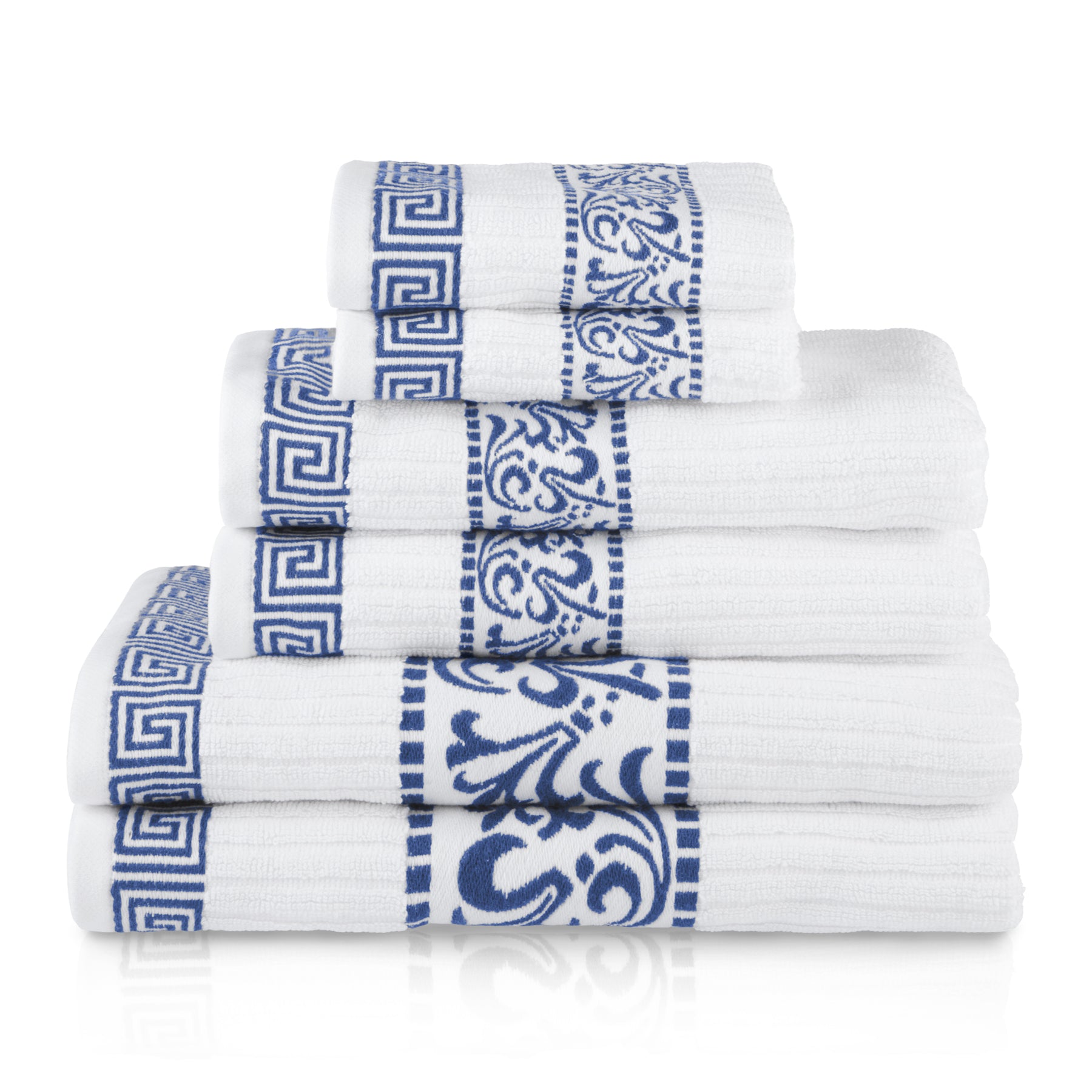 Superior Athens Cotton 6-Piece Assorted Towel Set with Greek Scroll and Floral Pattern - Navy Blue