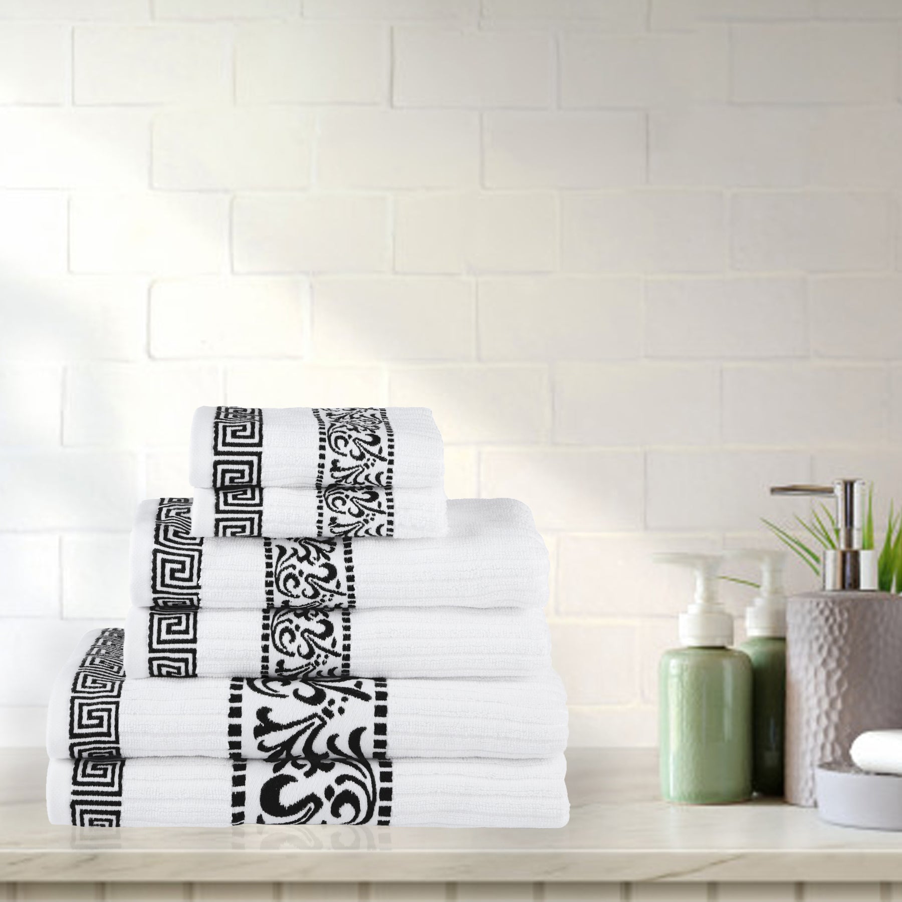 Superior Athens Cotton 6-Piece Assorted Towel Set with Greek Scroll and Floral Pattern - Black