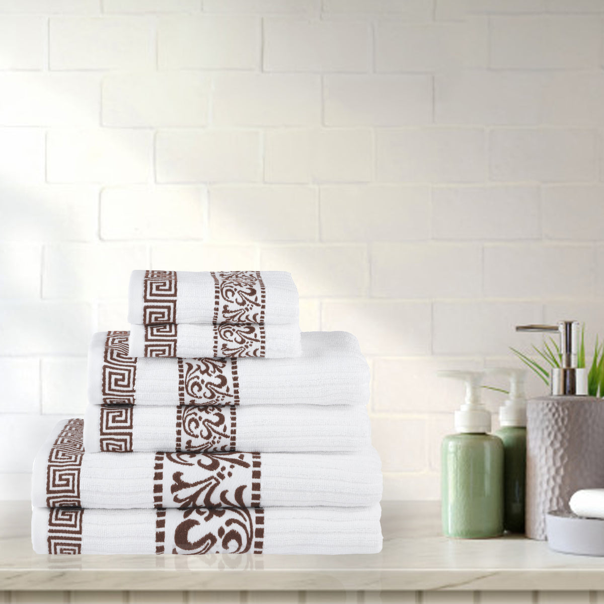 Superior Athens Cotton 6-Piece Assorted Towel Set with Greek Scroll and Floral Pattern - White-Chocolate