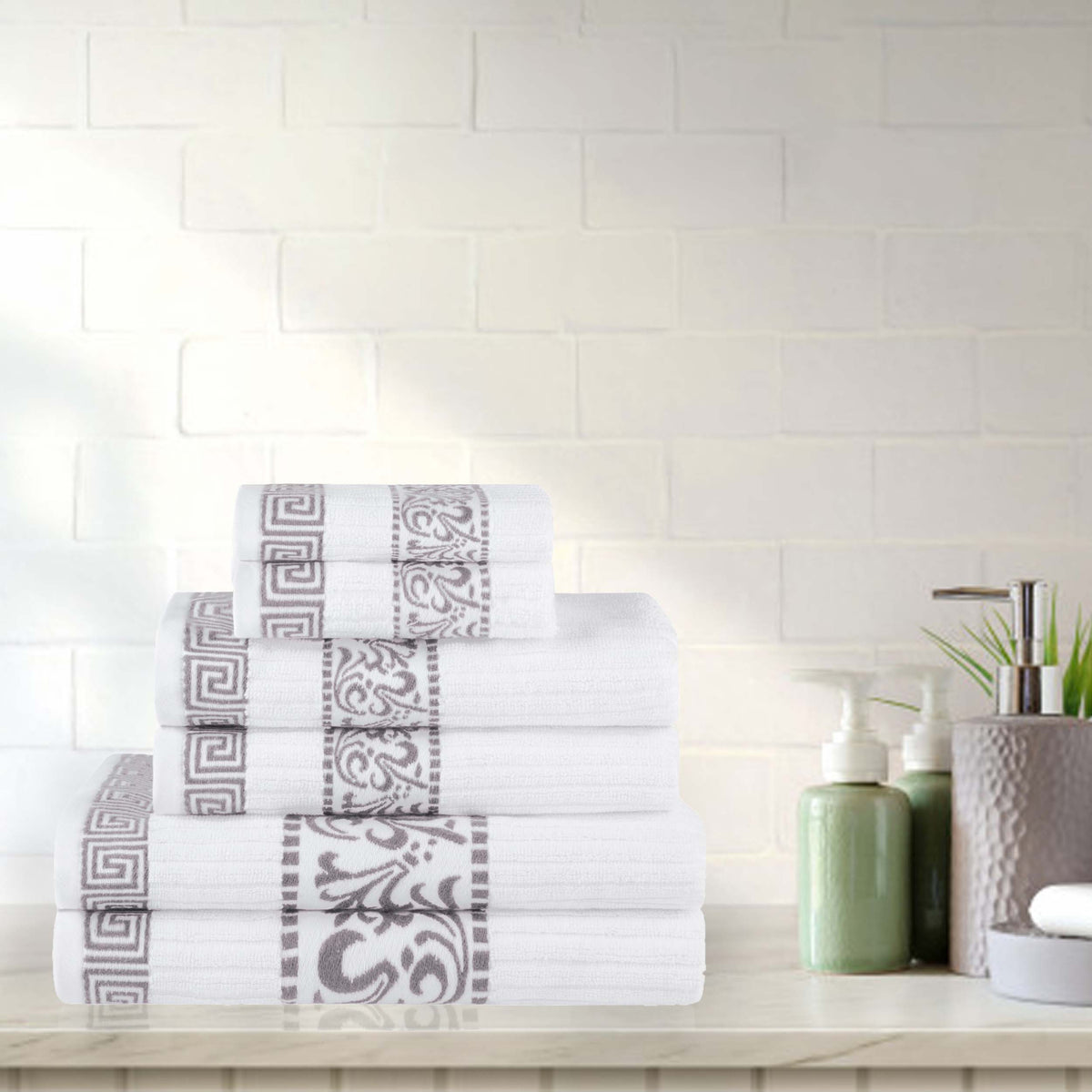 Superior Athens Cotton 6-Piece Assorted Towel Set with Greek Scroll and Floral Pattern - White-Chrome