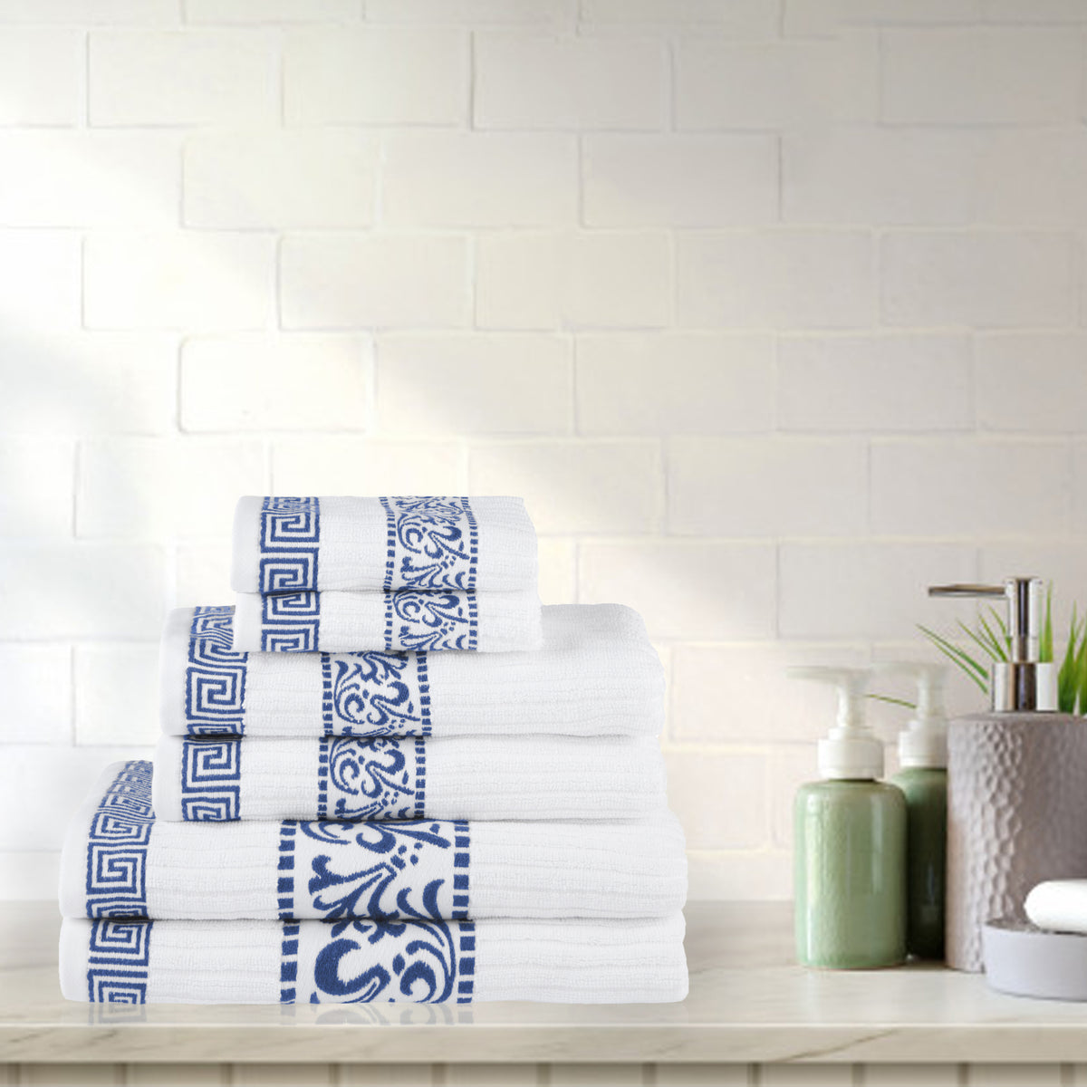 Superior Athens Cotton 6-Piece Assorted Towel Set with Greek Scroll and Floral Pattern - Navy BlueSuperior Athens Cotton 6-Piece Assorted Towel Set with Greek Scroll and Floral Pattern - Navy Blue