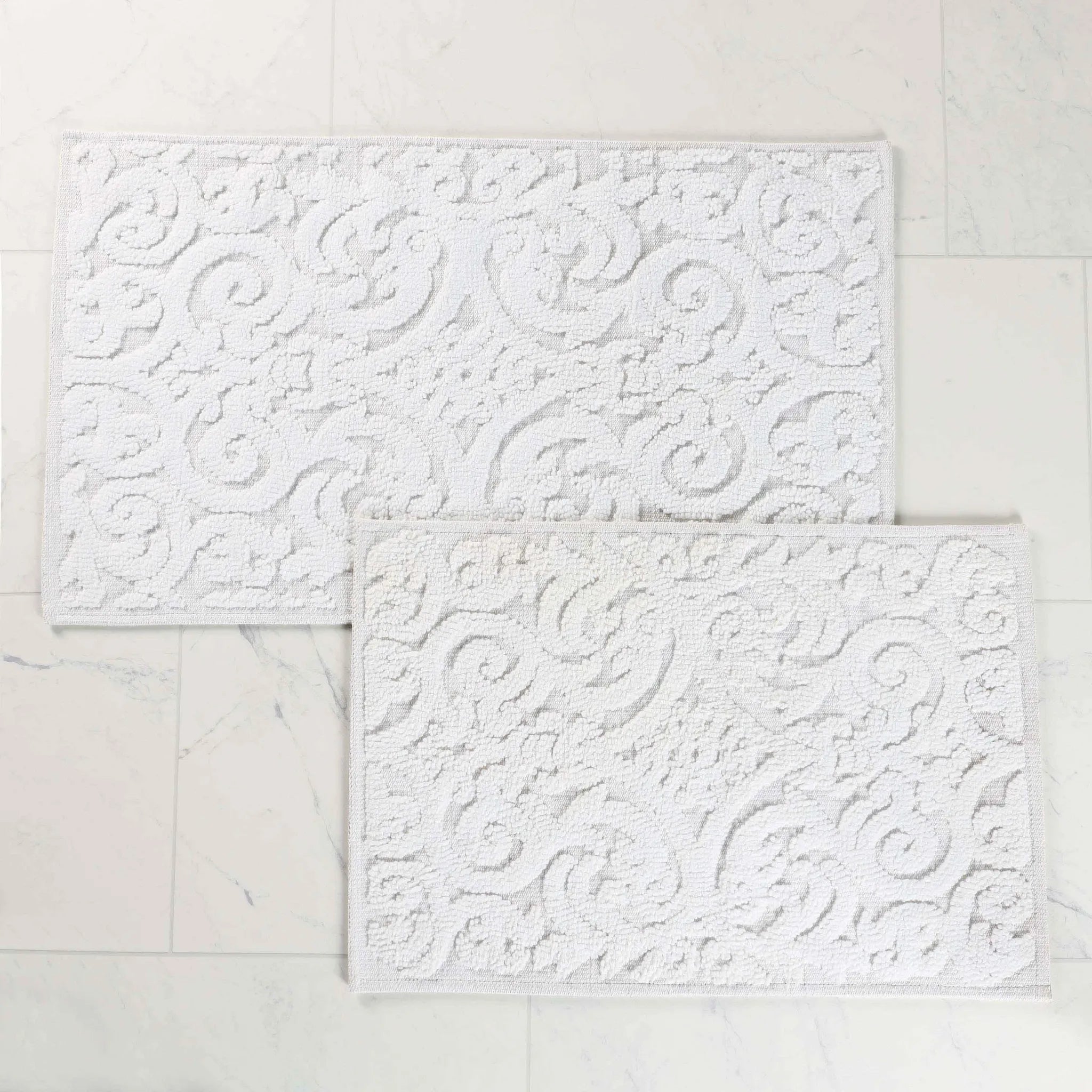 Venere Floral Scroll Textured Machine Washable Bath Rugs, Set of 2