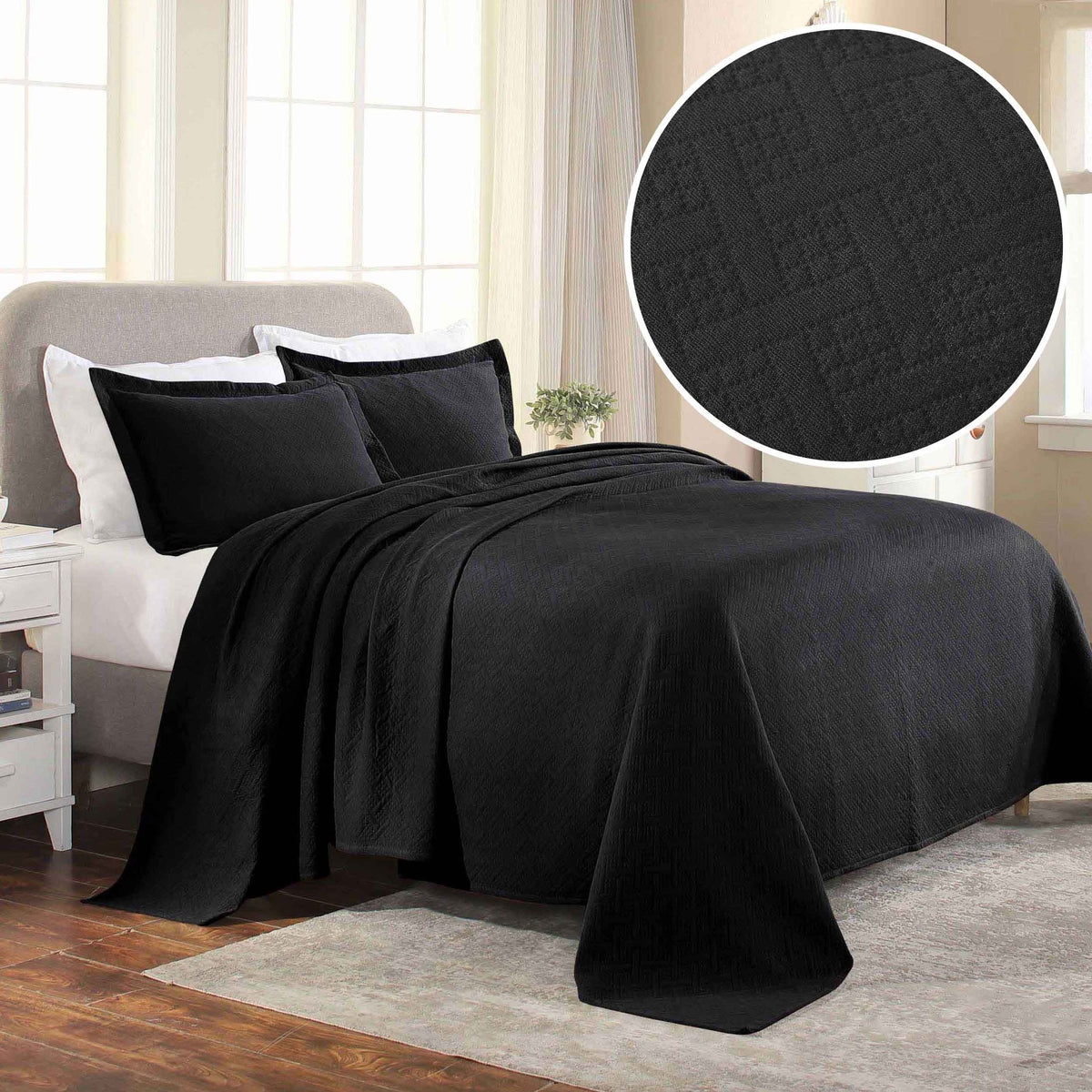 Basket Weave Matelasse Cotton Bedspread Set - Black