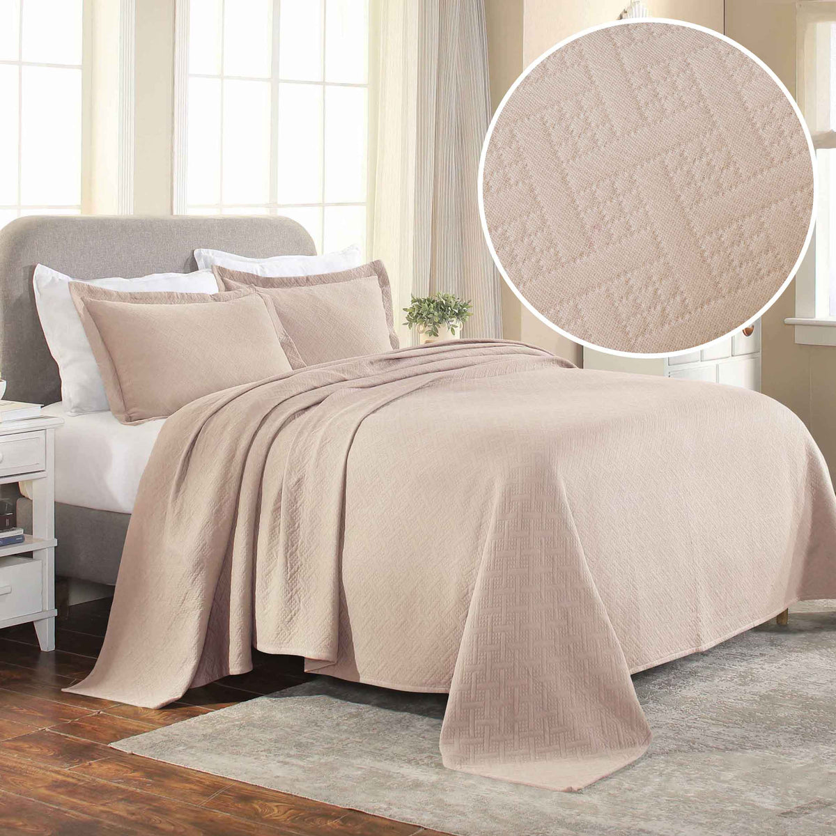 Basket Weave Matelasse Cotton Bedspread Set - Peach