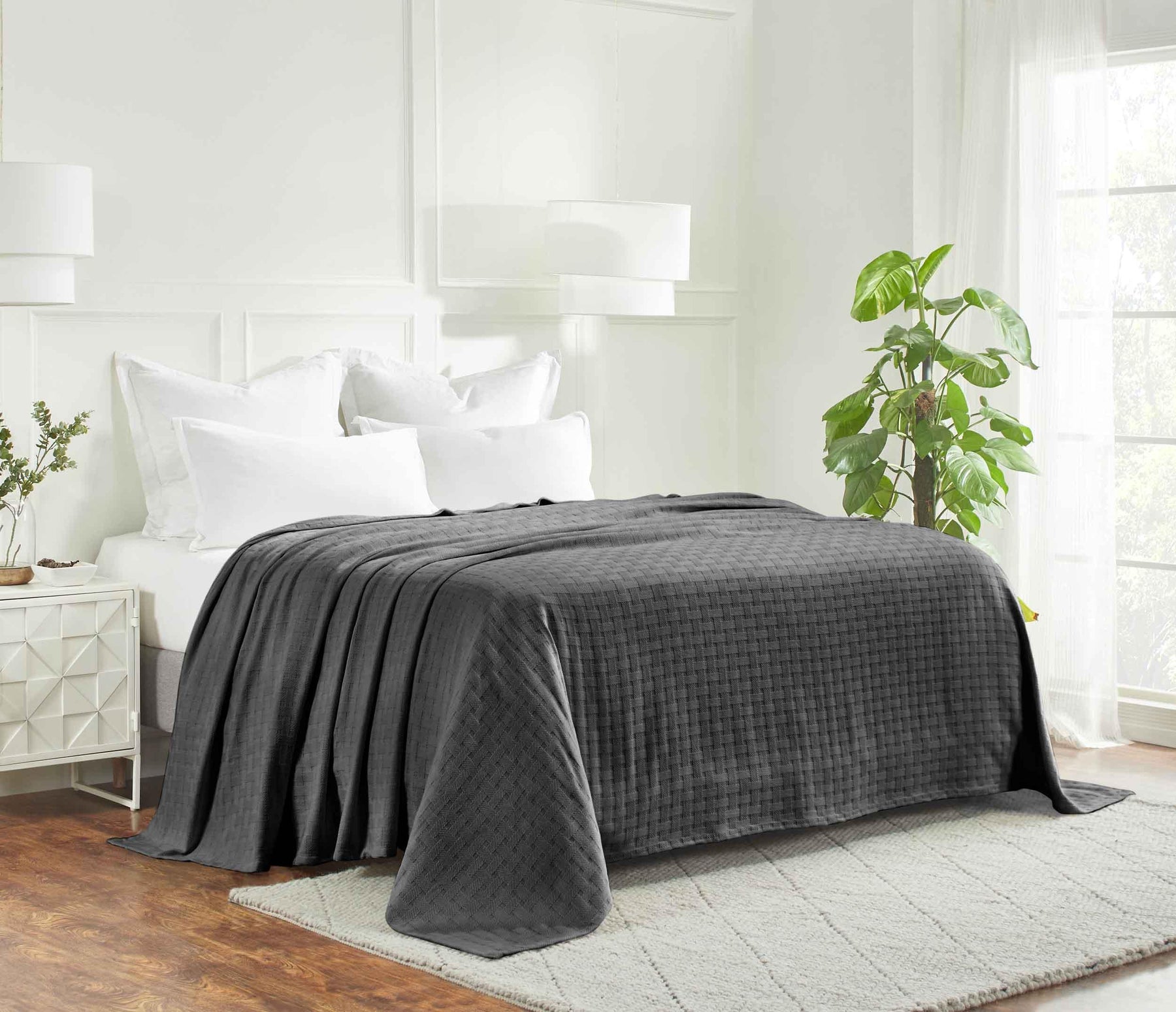 Basketweave All Season Cotton Blanket - Charcoal