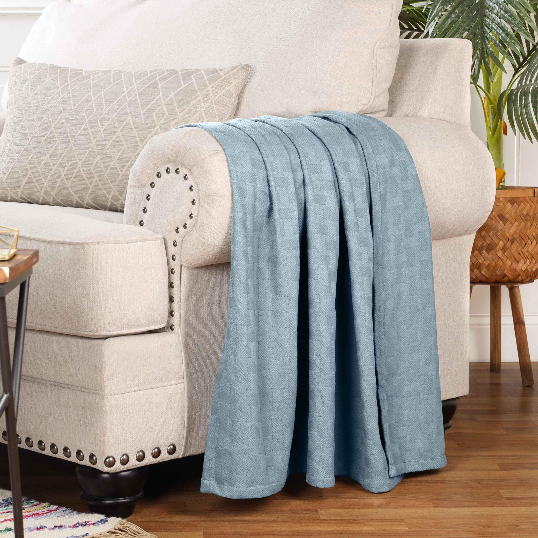 Basketweave All Season Cotton Blanket - Light Blue