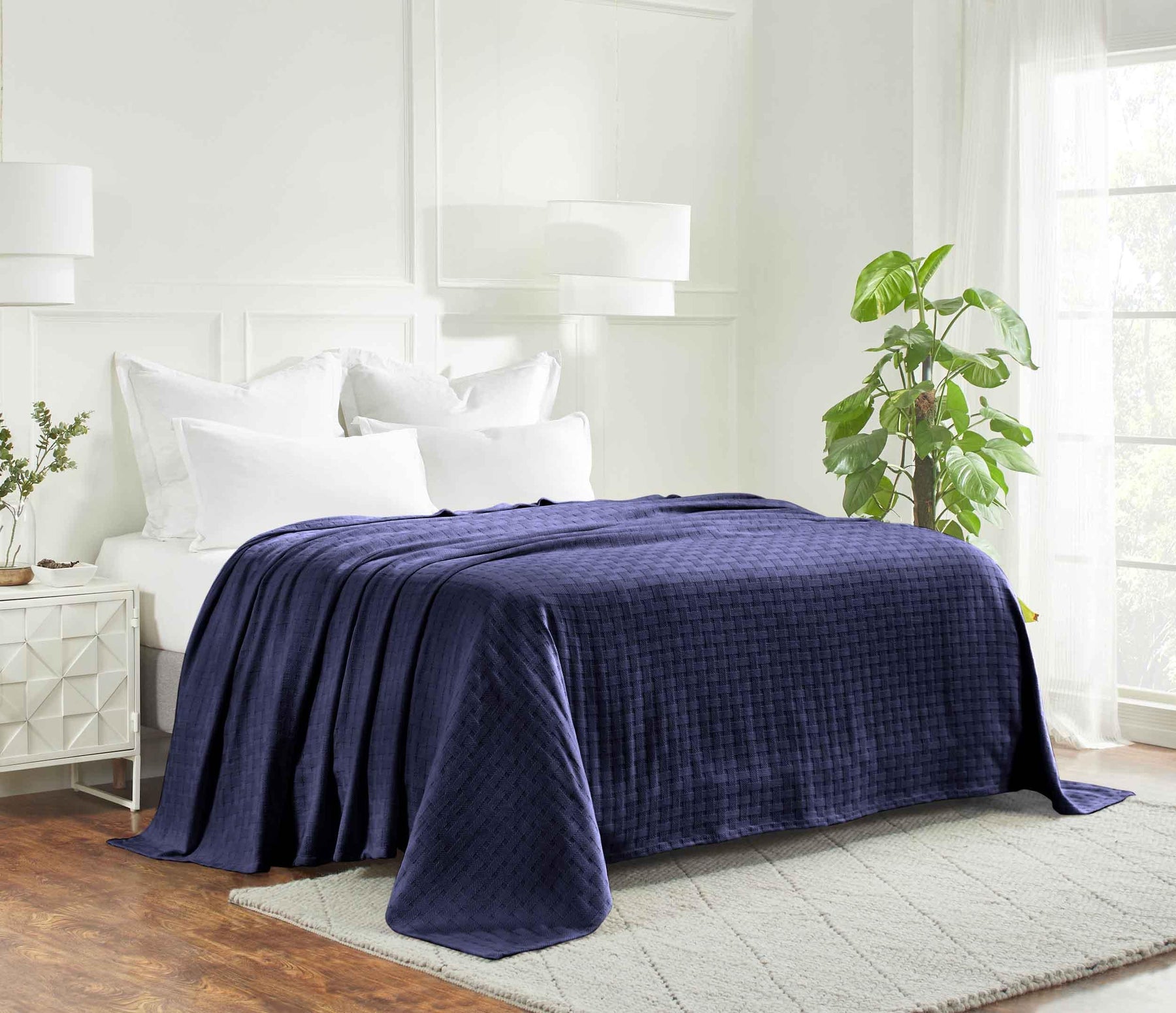 Basketweave All Season Cotton Blanket - Navy Blue