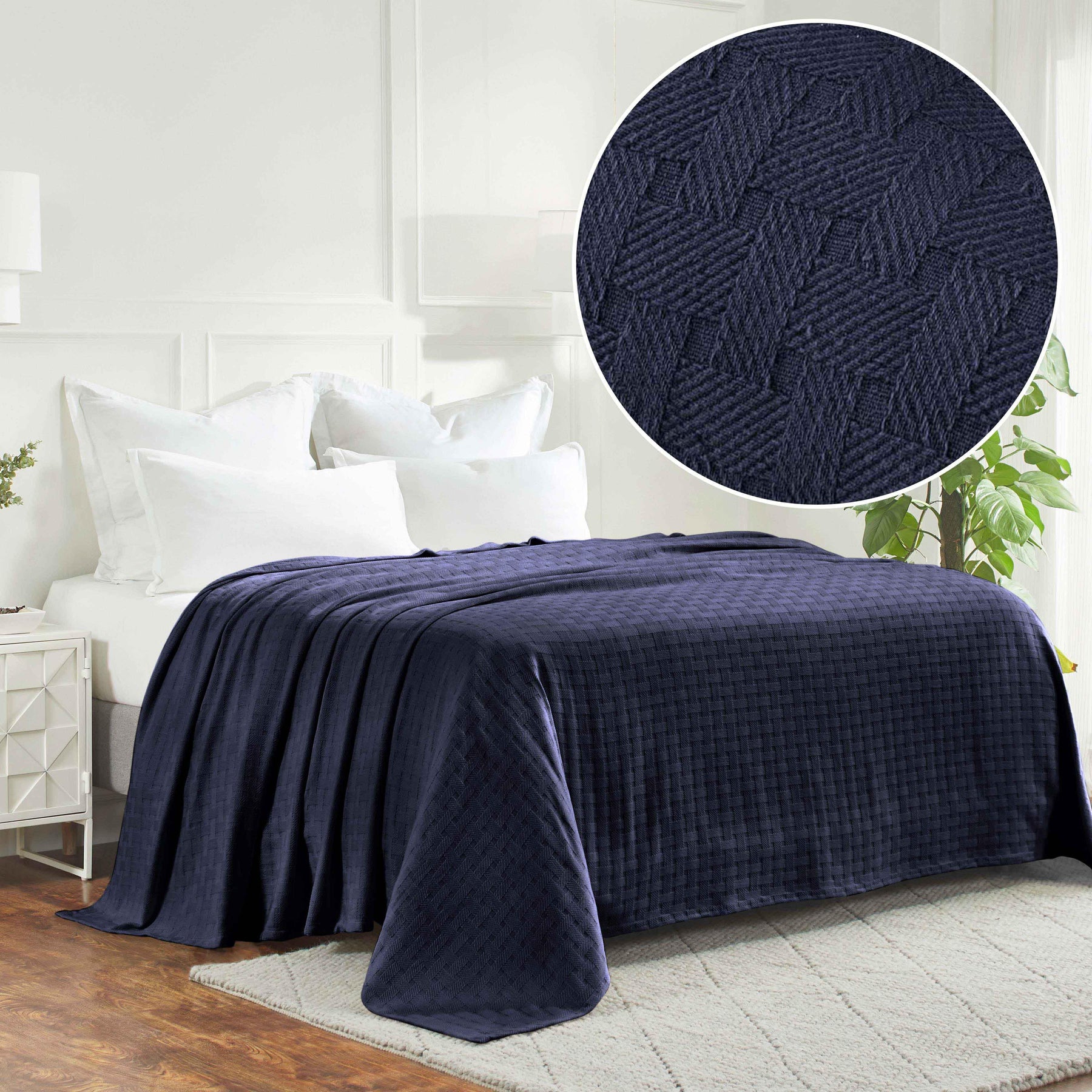 Basketweave All Season Cotton Blanket - Navy Blue