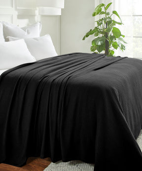 Waffle Weave Honeycomb Knit Soft Solid Textured Cotton Blanket - Black